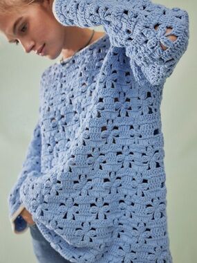 Free People Sky Blue Crochet Crewneck Sweater